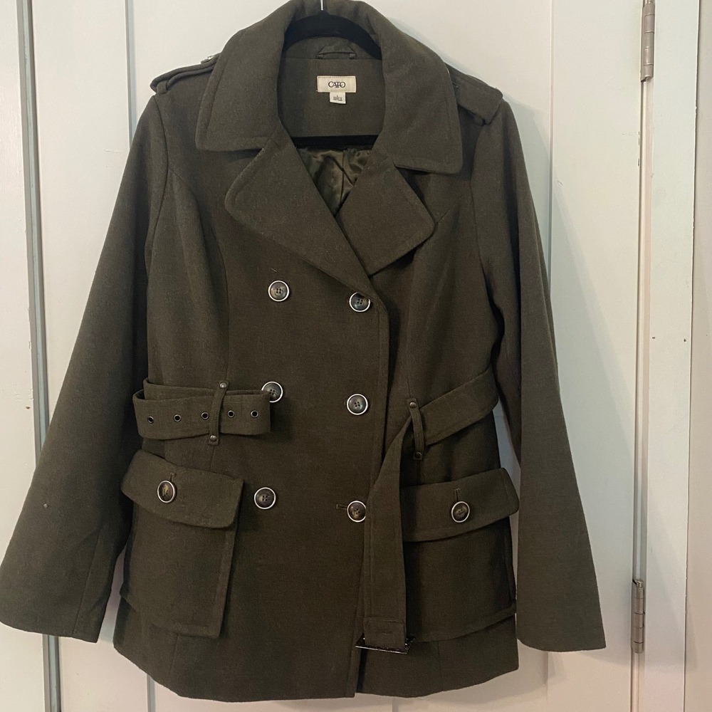 Cato Womens Olive Green Double Breasted Belted Pea Coat Jacket Size L‎ Y2K